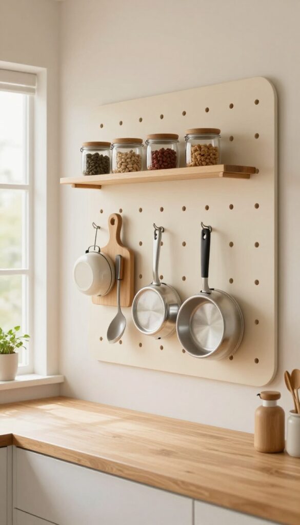 Small kitchen wall with a color-matched pegboard holding neatly arranged pots, pans, utensils, cutting boards, and spice jars in bright natural light.