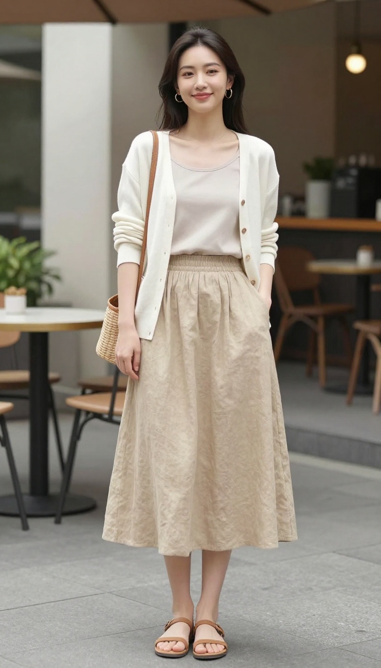 14. Linen-Blend Long Skirt with a Light Cardigan and Sandals for Transitional Weather