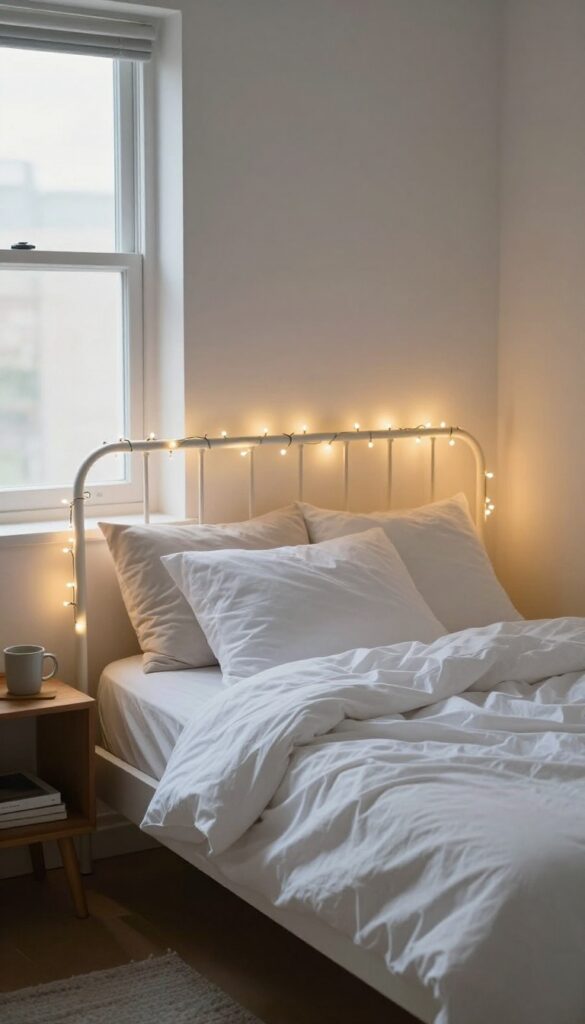 Cozy small bedroom with warm fairy lights wrapped around a metal bed frame headboard, glowing softly in twilight