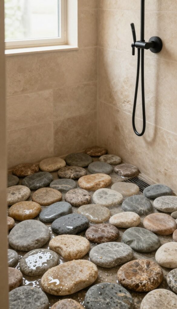 Rustic cabin shower with a smooth river rock floor, neutral stone walls, and bright natural light.
