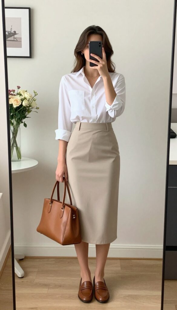 Petite woman in a white button-down shirt tucked into a beige midi skirt, with loafers and a tan handbag, taking a mirror selfie in a bright, minimal room.