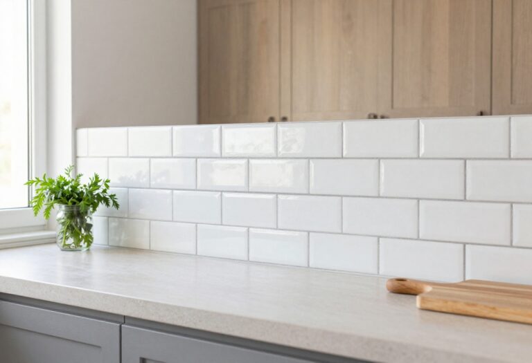 Bright modern kitchen with a white herringbone subway tile backsplash and charcoal grout behind a light stone countertop