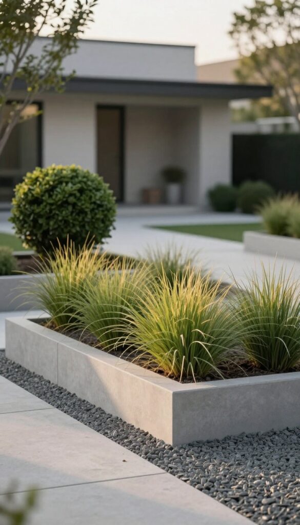 Modern minimalist front yard with three identical ornamental grasses in a concrete planter bed, one sculptural evergreen shrub, gravel mulch, and clean negative space in bright natural light.