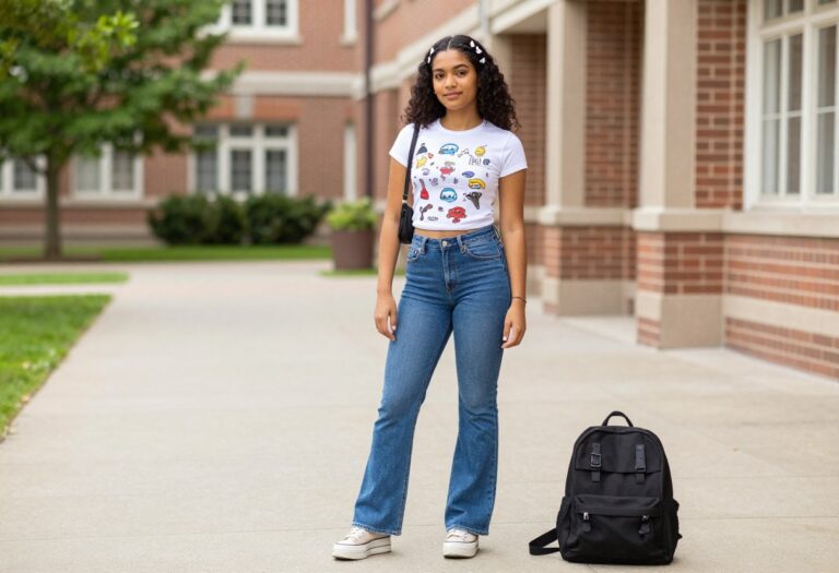 Young woman wearing a Y2K school outfit with a graphic baby tee, low-rise flare jeans, and platform sneakers, standing outside a school building.