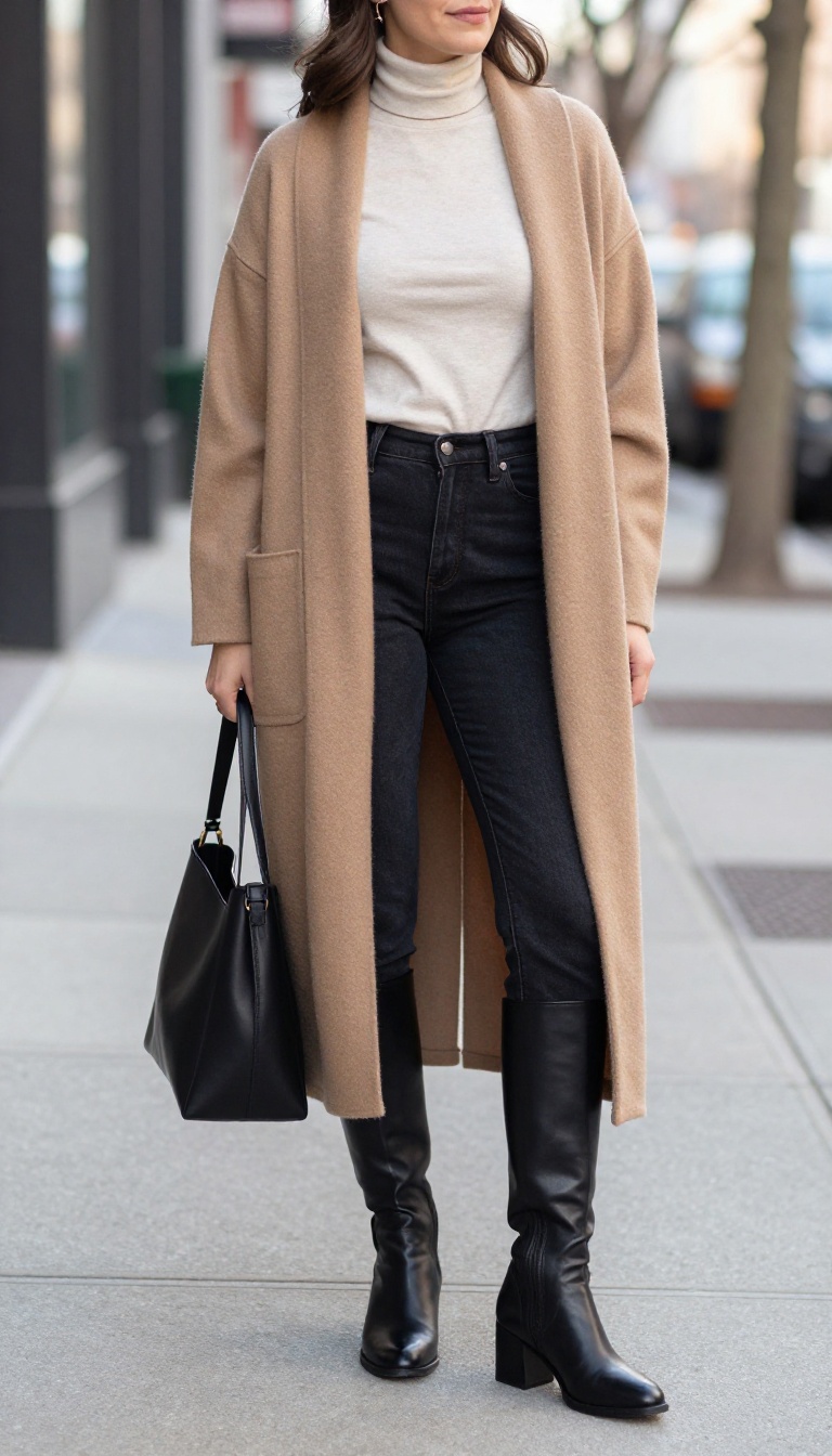 2. Longline Cardigan Over Skinny Jeans and a Turtleneck