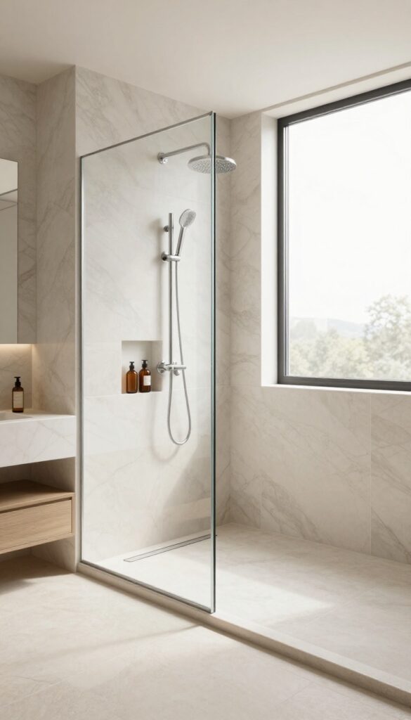 Bright modern open walk-in shower with no door, curbless stone tile entry, chrome rain showerhead, marble-look walls, and a slim partial glass panel in a clean luxe bathroom.