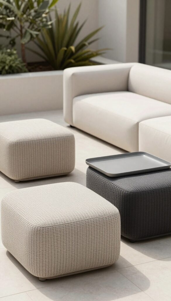 Two weatherproof multi-functional ottomans on a sunlit deck serving as flexible seating and low tables beside a sectional lounge chair, styled with contrasting textures and a small tray.