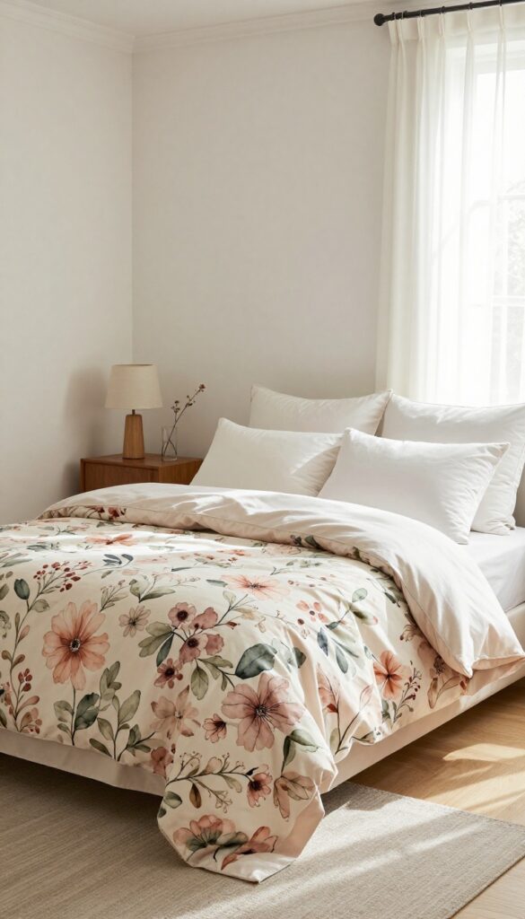 Bright bedroom with a bed dressed in muted watercolor floral bedding, solid sheets, and a neutral throw, styled with simple decor and natural light.