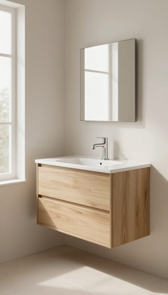 Bright small bathroom with a light wood floating vanity mounted on the wall, showing open floor space beneath and clean minimalist styling