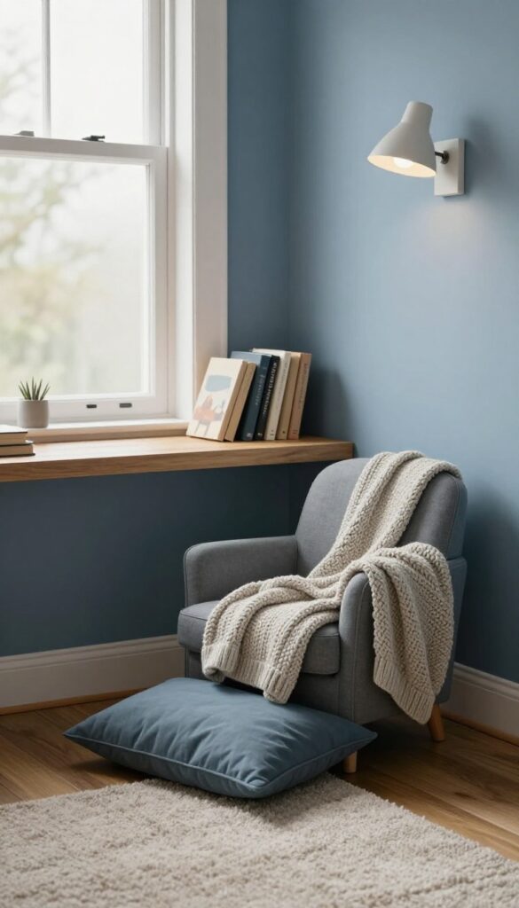 Cozy boys bedroom corner reading nook with an armchair, knit throw, floor cushion, wall lamp, and small book shelf in bright natural light