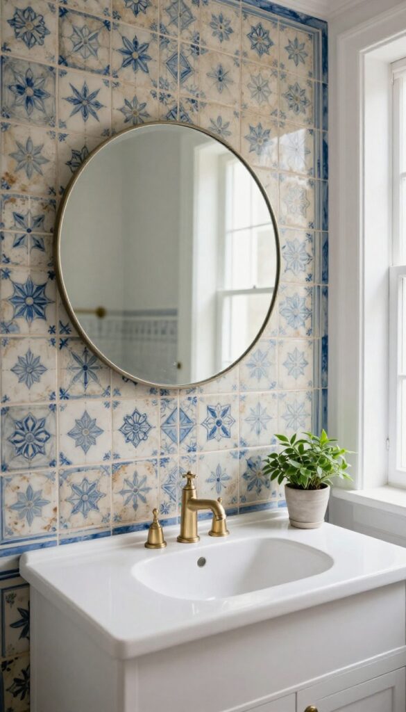 Bright bathroom with a vintage European tile-style mural in faded blue and beige behind a white vanity and round mirror, styled with a small plant and natural light.