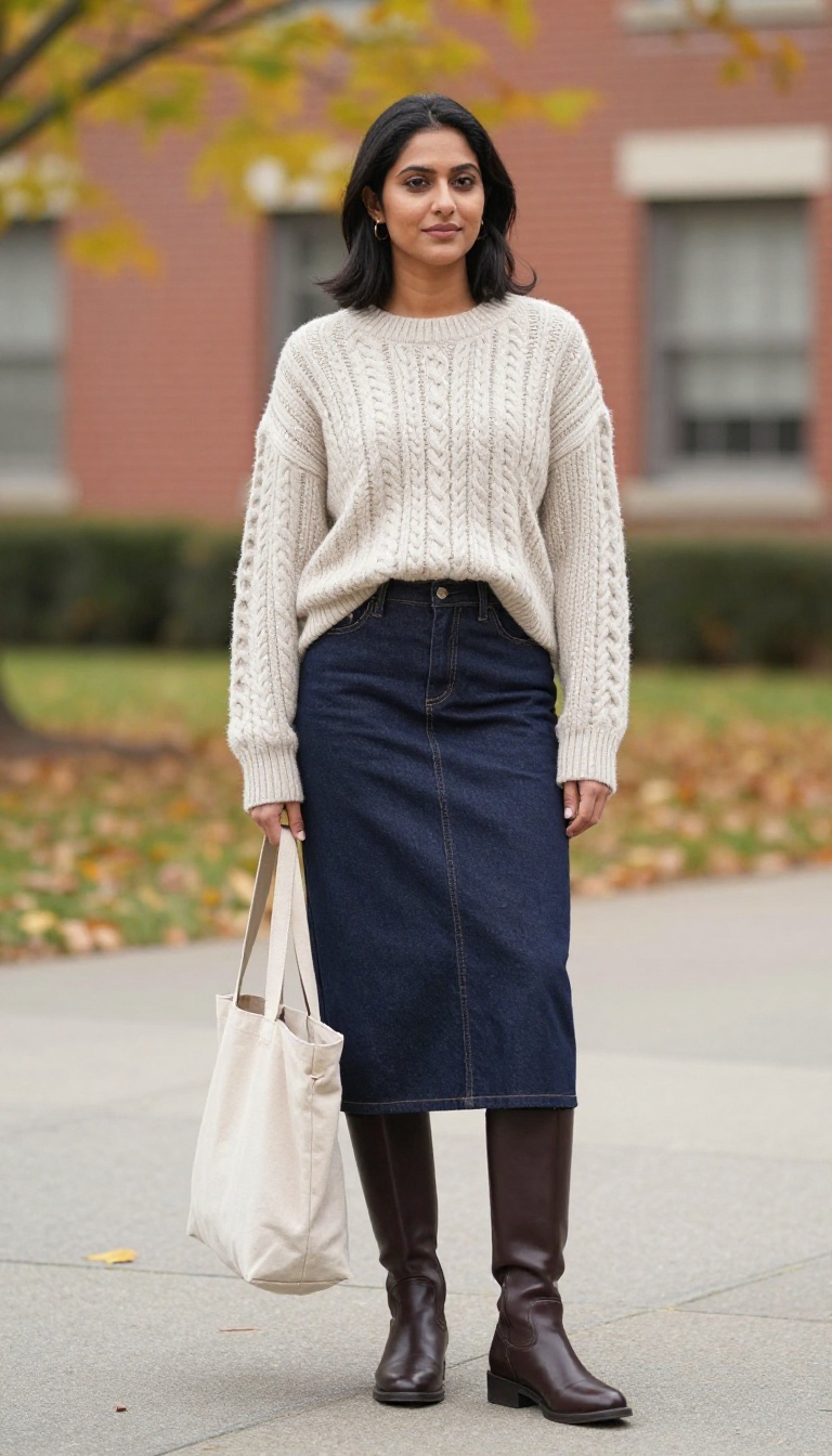 4. Denim Midi Skirt and a Chunky Knit Sweater