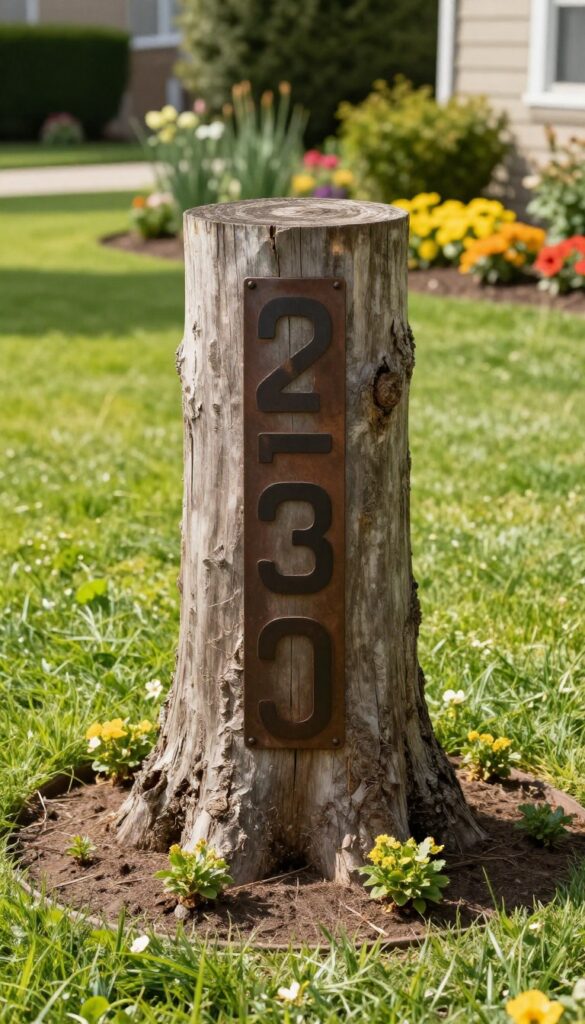 A smooth tree stump in a sunny front yard holding bold metal house numbers, surrounded by green lawn and landscaping.