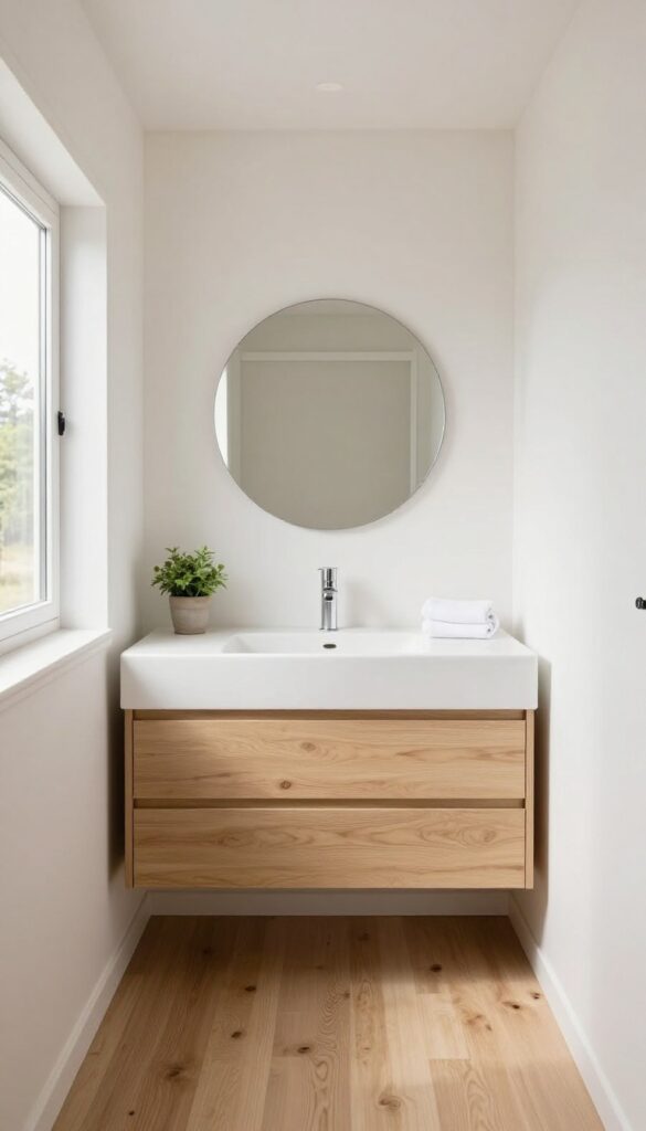 Bright tiny house bathroom with a light wood floating vanity mounted on a white wall, open floor space beneath it, and natural light from a small window.