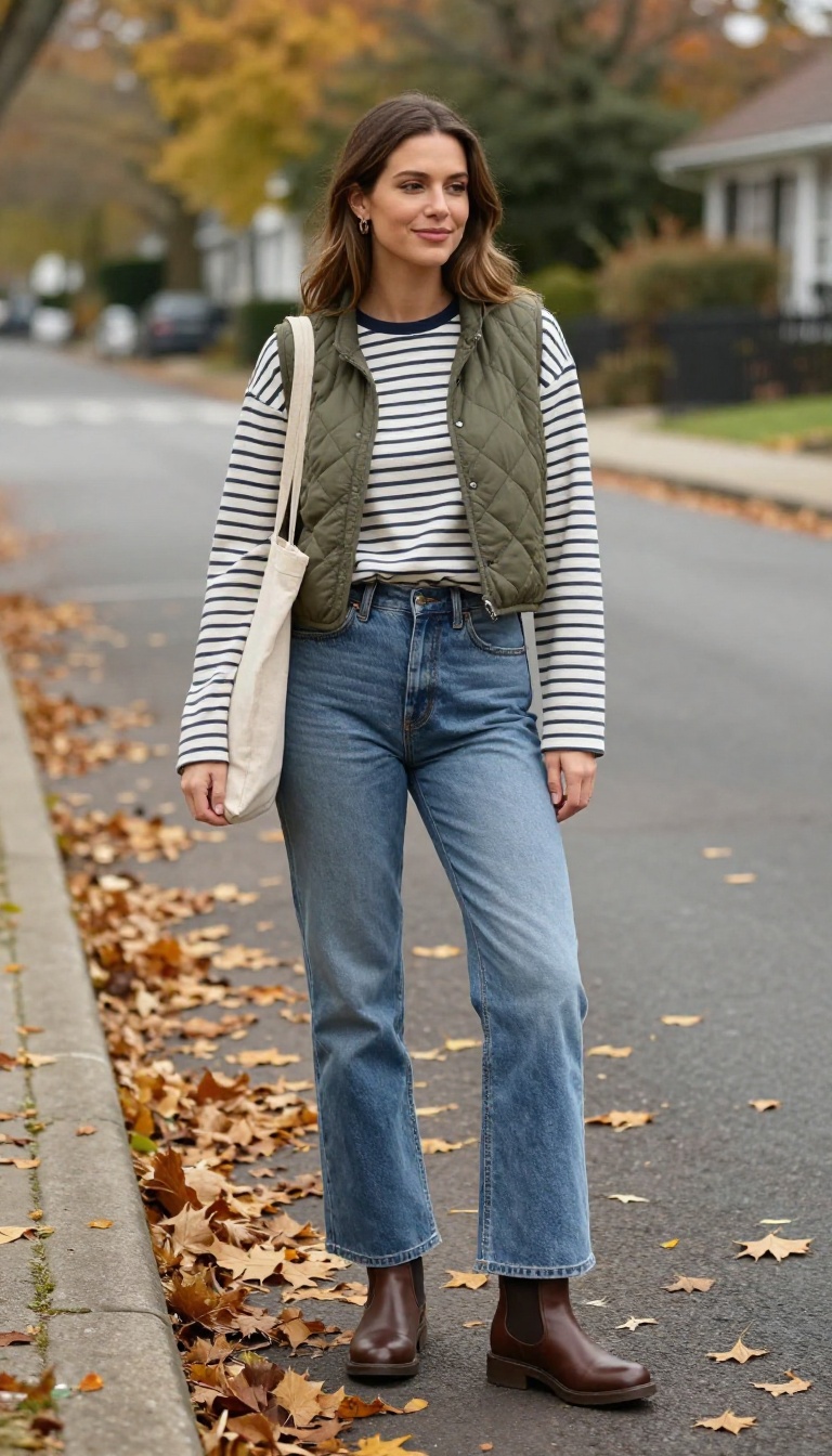 6. Quilted Vest and Striped Long-Sleeve Tee
