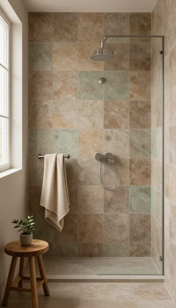Rustic shower with earth-tone brown, beige, taupe, and muted green matte tiles in warm natural light