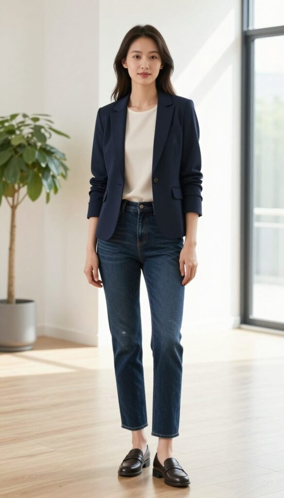 Woman in dark wash straight-leg jeans and a structured navy blazer standing in a bright office lobby, styled for a polished business casual work outfit.