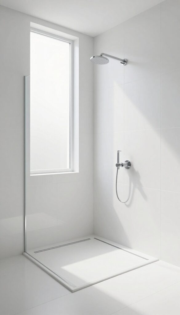 Bright minimalist walk-in shower finished in large glossy white tiles with a sleek linear drain hidden flush in the floor under natural light