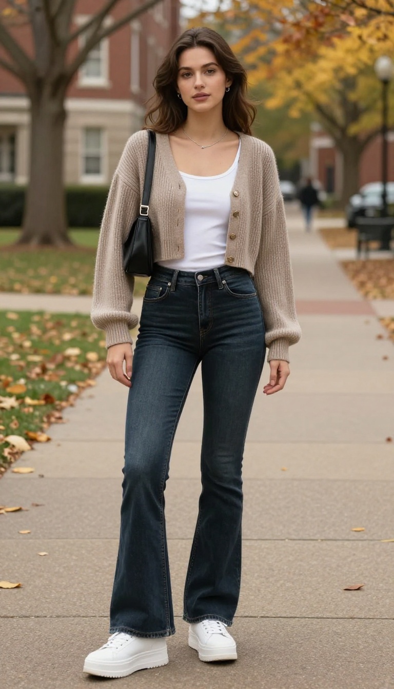 1. Low-Rise Flare Jeans and a Cropped Cardigan