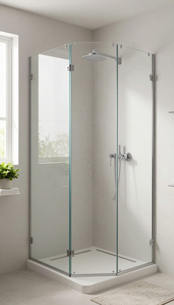 Modern bathroom shower with a tiled half wall topped by clear glass, bright natural light, and a clean minimal design.