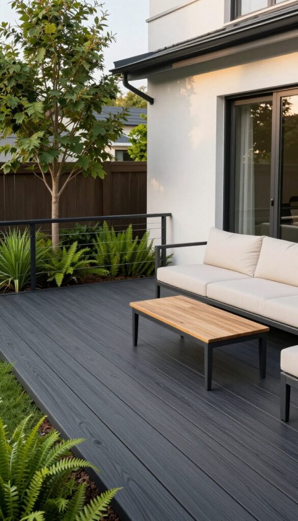 Dark charcoal composite deck with black metal railing, light outdoor furniture, and lush green landscaping in bright natural light