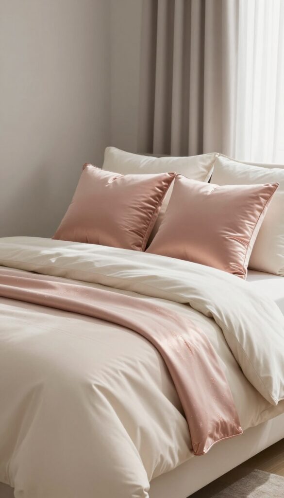 Neutral cream bed styled with rose gold decorative pillows and a blush pink throw blanket with metallic thread in a bright chic bedroom
