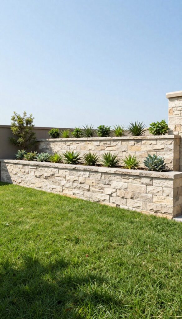 Low decorative retaining wall in a large front yard with layered plants and natural sunlight