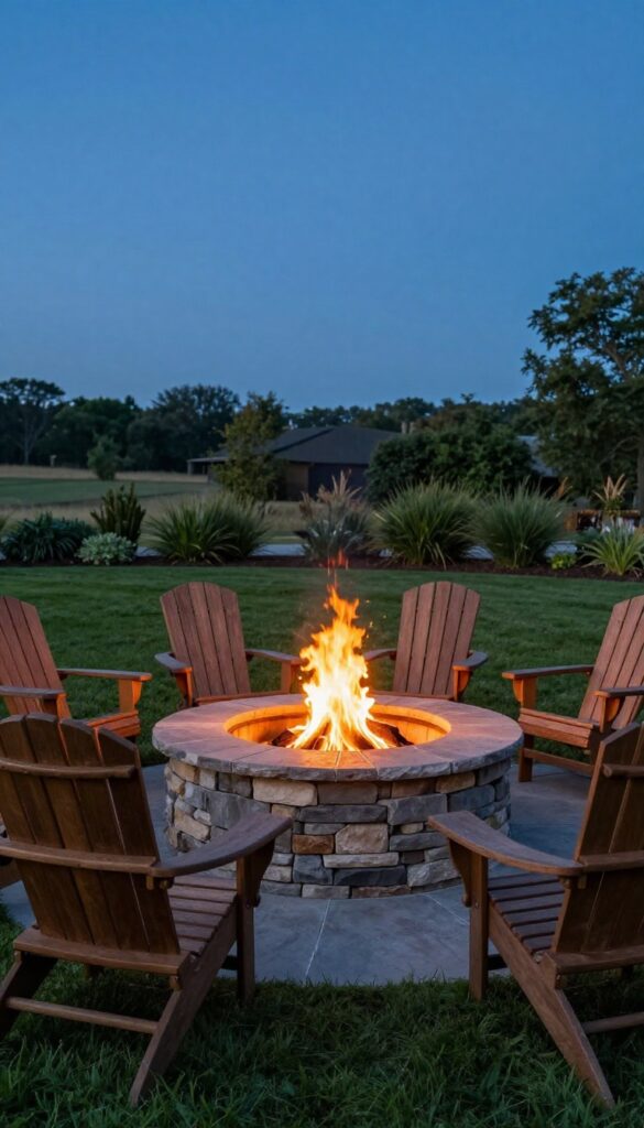 Built-in stone fire pit with a circular seating zone of wooden chairs around a glowing fire in a backyard at dusk