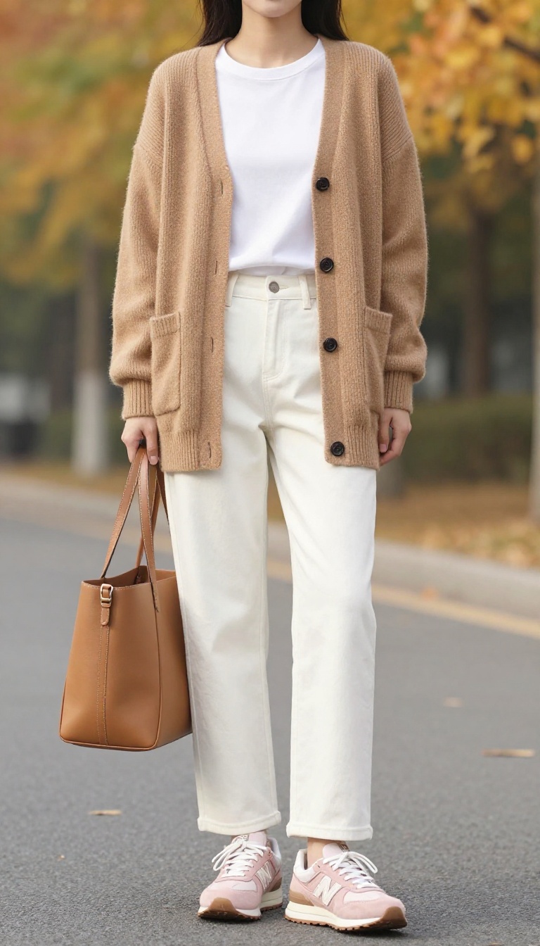 6. White Jeans and Pastel New Balance for a Soft Fall Transition
