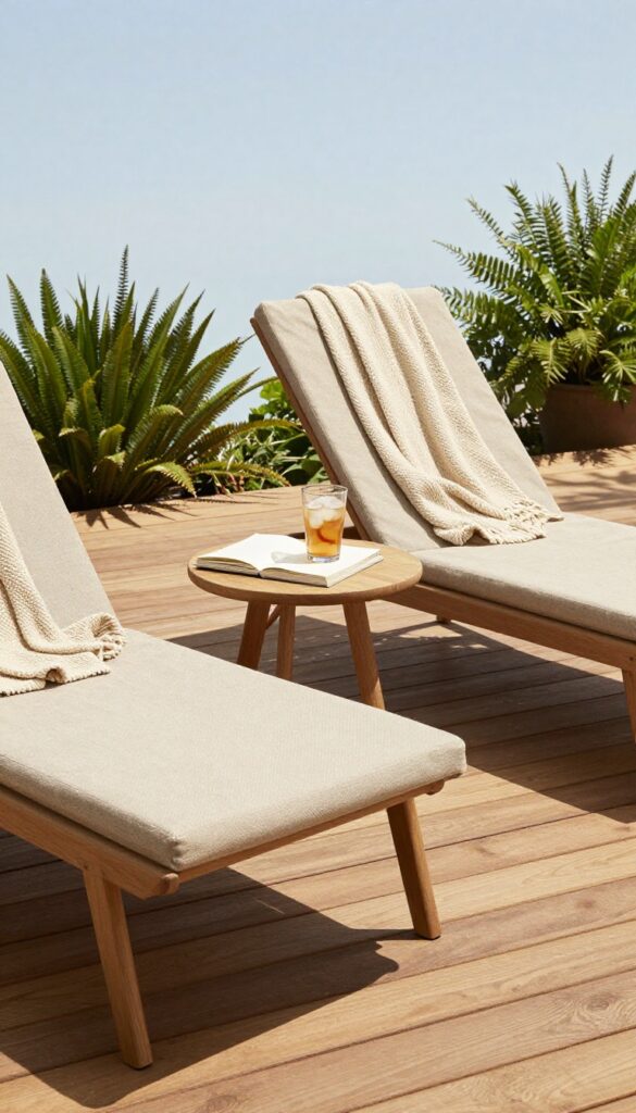Two neutral-cushioned lounge chairs with textured throws on a sunlit wooden deck beside a small table with a book and drink, creating a relaxing outdoor reading and sunbathing zone.
