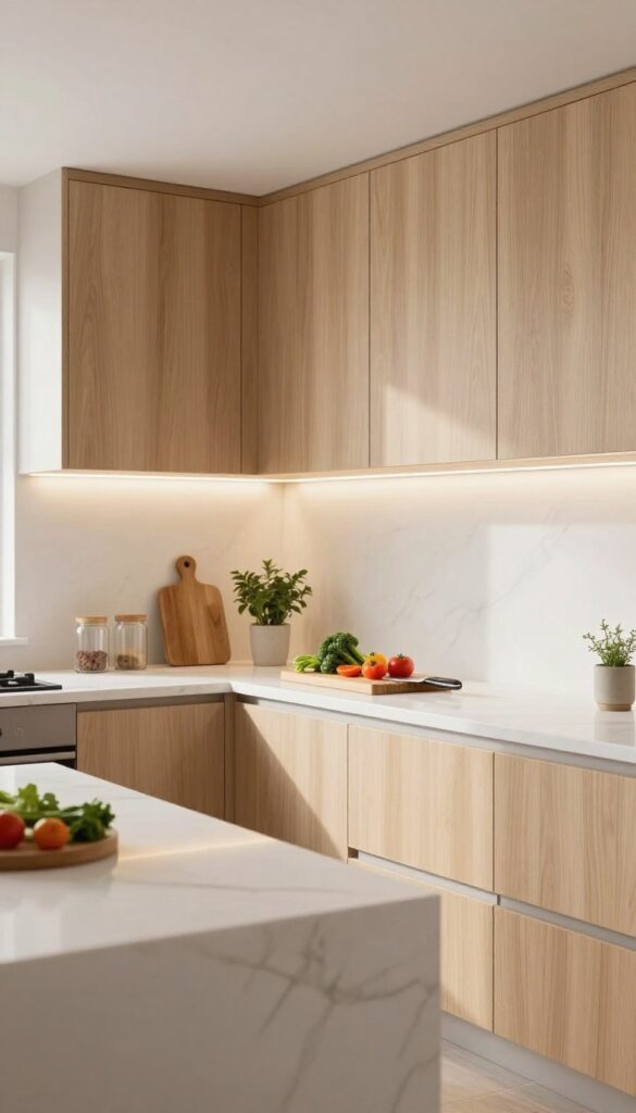 Small bright kitchen with warm stick-on under-cabinet lights glowing over a clean countertop with fresh vegetables and herbs