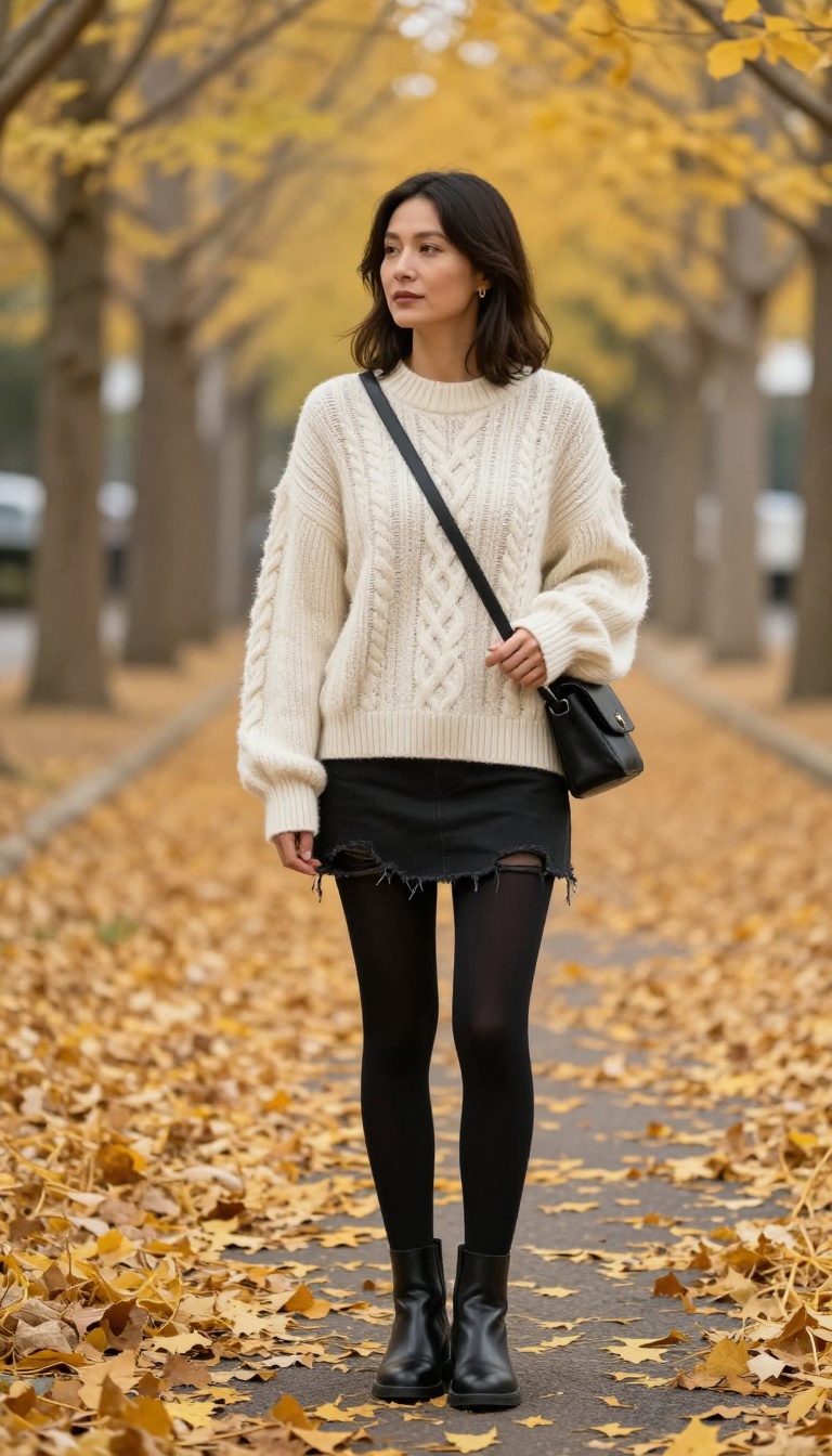 2. Distressed Black Mini with a Cozy Cable-Knit Sweater