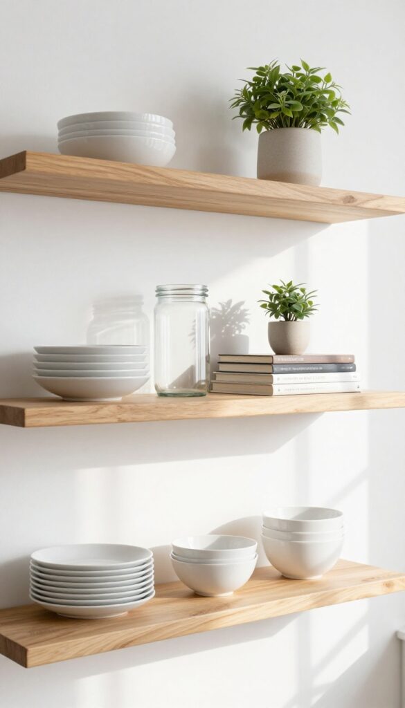 Three floating wooden shelves on a bright white kitchen wall, styled with white dishes, clear glass jars, cookbooks, a small plant, and a ceramic vase in natural daylight.