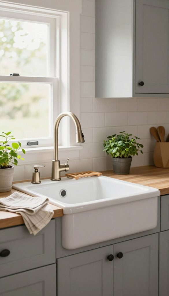 Compact white apron-front farmhouse sink with a tall high-arc faucet in a small bright farmhouse kitchen, styled with a wooden drying rack and natural light.