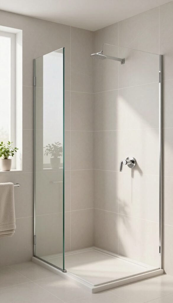 Bright small bathroom with a corner shower tiled continuously from floor to ceiling in vertical neutral tiles, glass enclosure, and chrome fixtures.