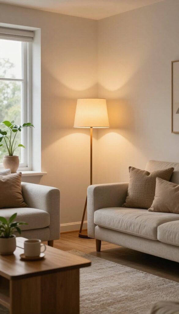 Cozy living room sitting area with a floor lamp and table lamp glowing warmly, showing a layered lighting setup that creates depth and an inviting atmosphere