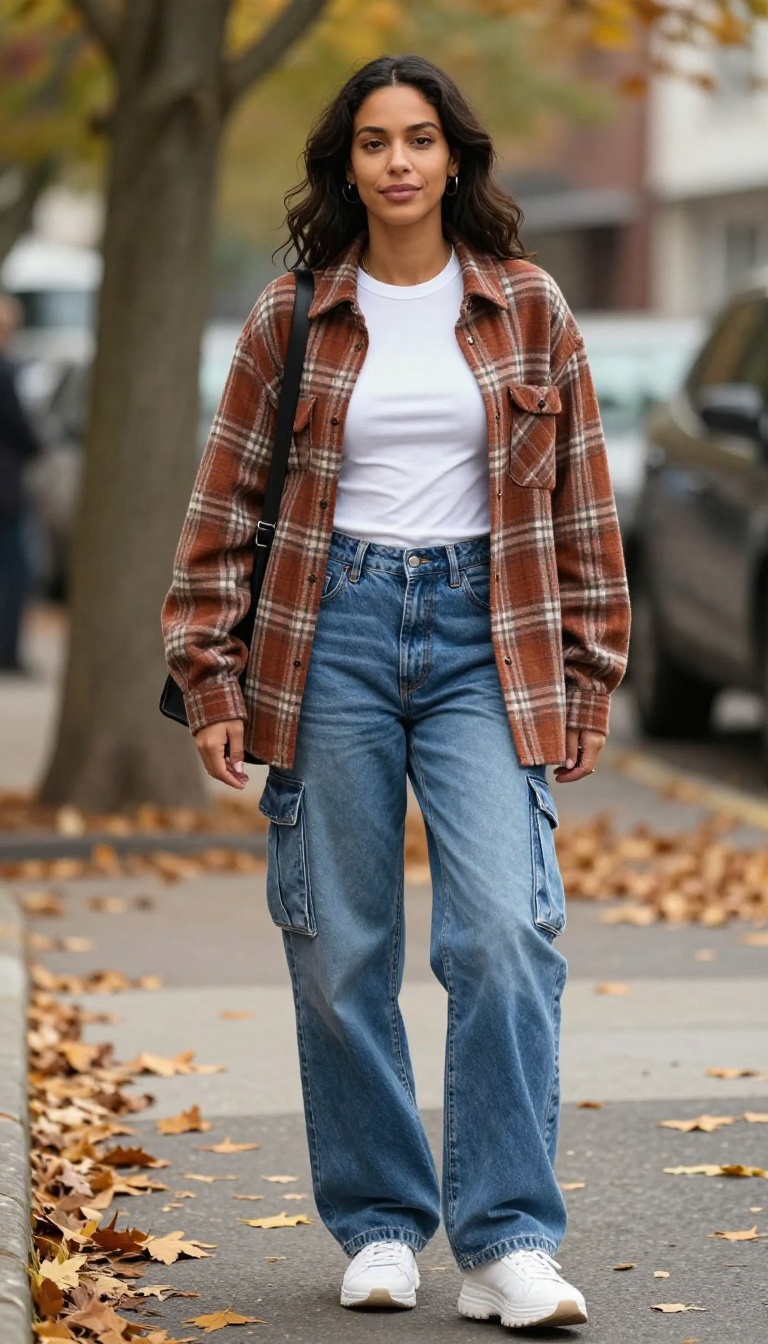 2. Baggy Cargo Jeans with a Fitted Baby Tee and Oversized Flannel