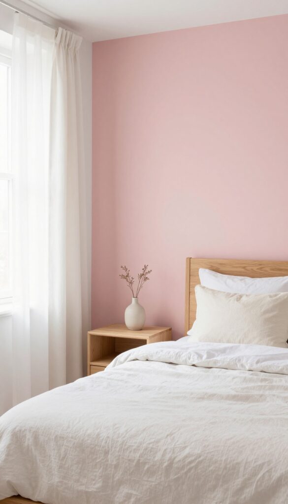 Cozy bedroom with a soft dusty pink accent wall behind a wooden bed dressed in white linen bedding, lit by bright natural light