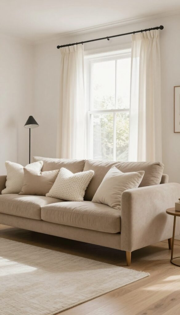 Bright small living room with a taupe sofa layered with cream and soft white textured pillows, off-white curtains, a light area rug, and warm white walls in natural daylight.