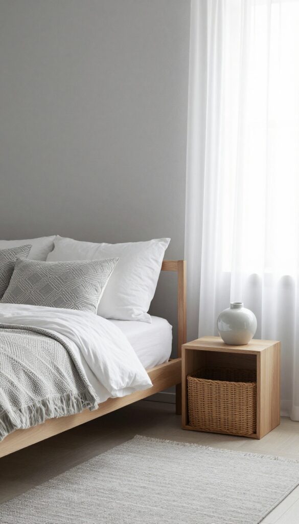 Bright minimalist bedroom with soft grey walls, white bedding, grey patterned pillows, a wooden nightstand, and a woven basket in natural light