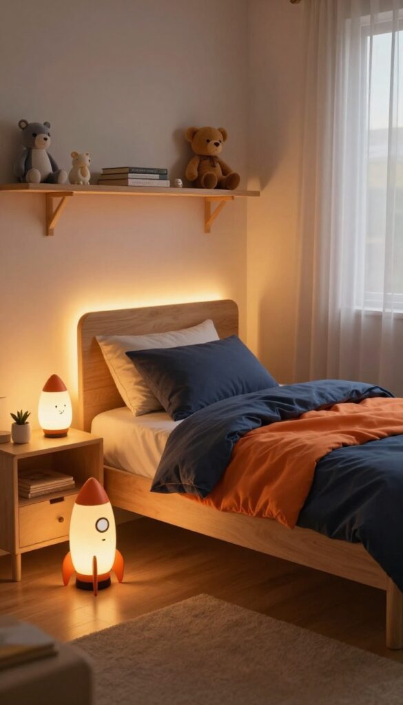 Warmly lit boys bedroom at dusk with glowing LED strip lights along shelves and under the bed, a rocket-shaped bedside lamp, and a small animal night light on the nightstand