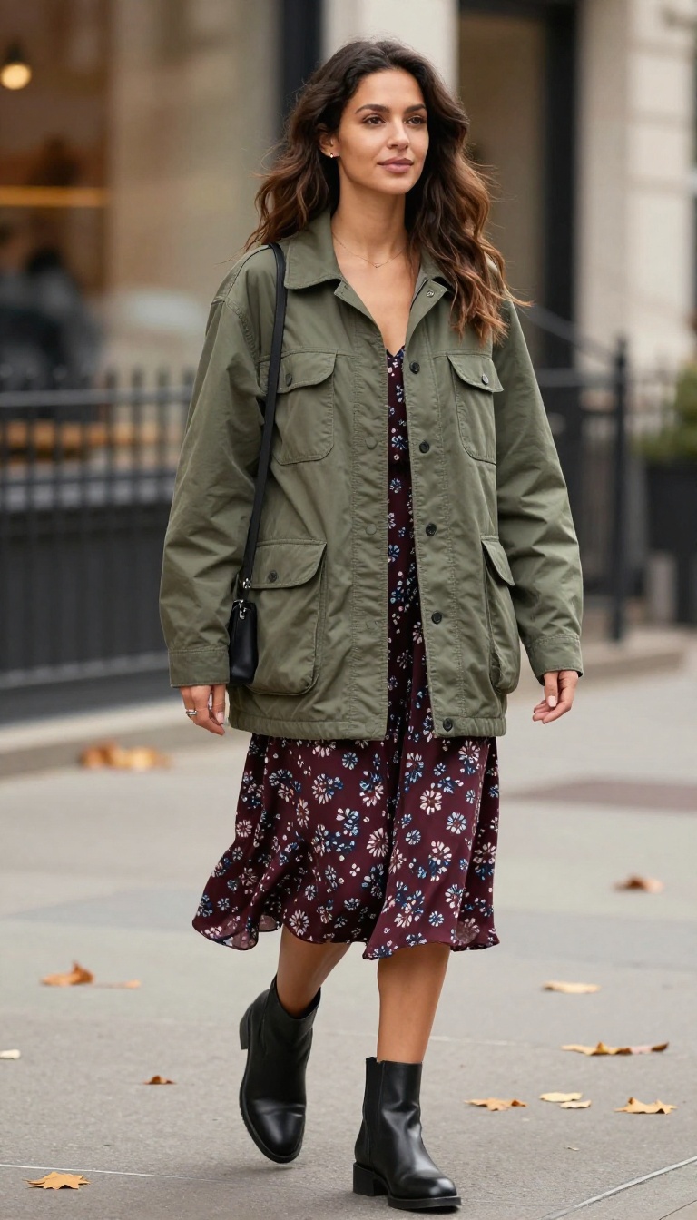 8. Floral Skirt with a Utility Jacket and Ankle Boots