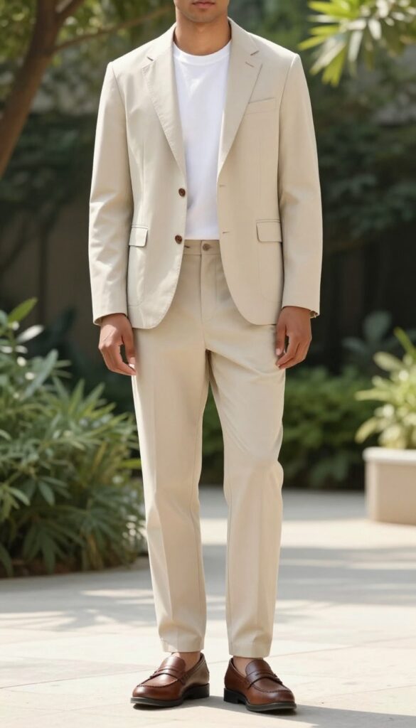 Man wearing a beige suit with a white tee and loafers standing on a sunlit patio.