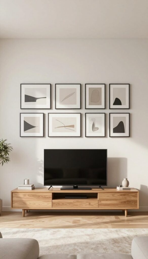 Modern living room with a flat-screen TV centered within a neatly arranged gallery wall of matching black-framed abstract art prints, bright natural light, clean minimal styling