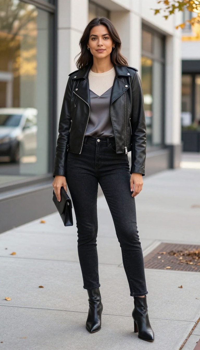 14. Black Jeans with a Leather Jacket and Midi Skirt Layer