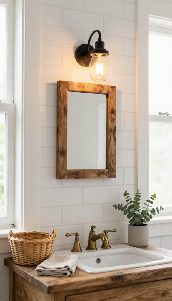 Small rustic bathroom with a black metal lantern sconce, warm glowing bulb, wood vanity, and antique brass faucet in soft natural light