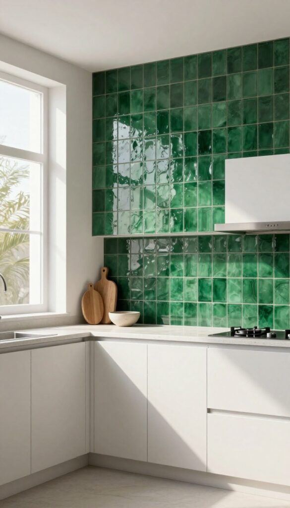 Bright open kitchen with an emerald green zellige tile feature backsplash extending up the wall behind a stainless steel range hood, paired with simple white cabinets and a pale countertop.