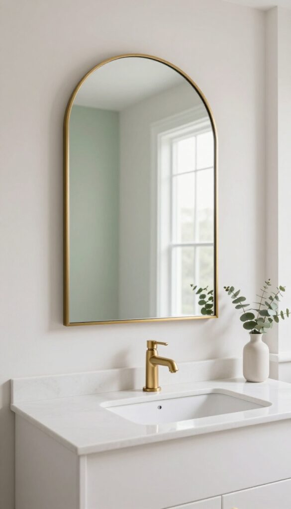 Bright bathroom vanity with a large arched brass-framed statement mirror above a white sink and faucet in natural light
