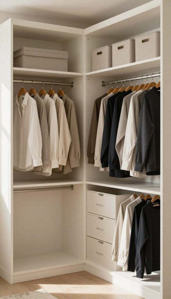 Bright shared walk-in closet divided into two tidy zones with matching hangers, folded clothes, and storage bins in natural light
