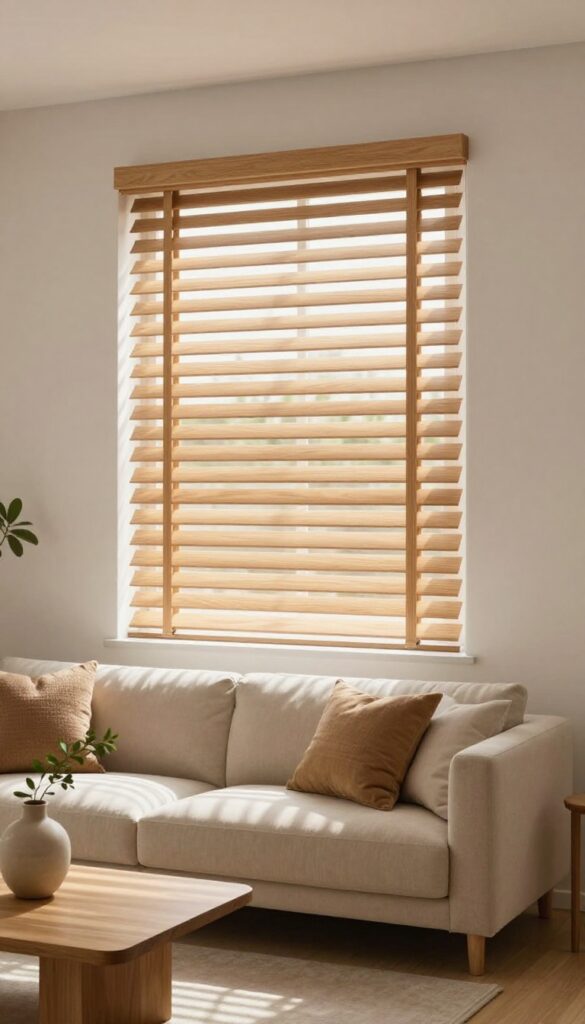 Modern living room with natural oak wooden blinds filtering warm sunlight, styled with a beige sofa, light wood coffee table, and green plant for a calm, grounded look
